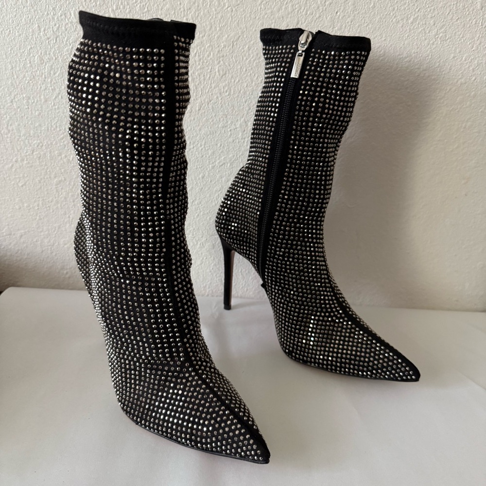 NEW! SCHUTZ Sybil Studded Point Toe High Heel Black Rhinestone Embellished Boots - Picture 12 of 12